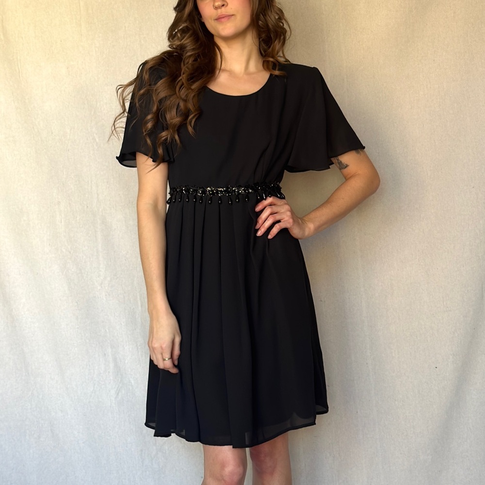 90s Vintage Mini Black Beaded Flowy Fairy Babydoll Dress